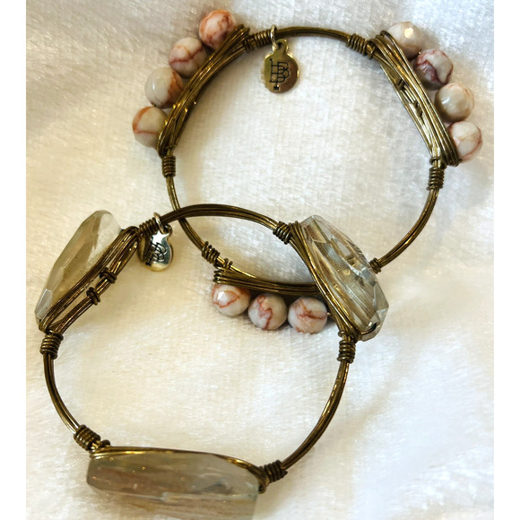 2 Bourbon & Bowties Gold Stone Bangle Bracelet Quartz Jasper Boho Wire Wrapped - Picture 2 of 13